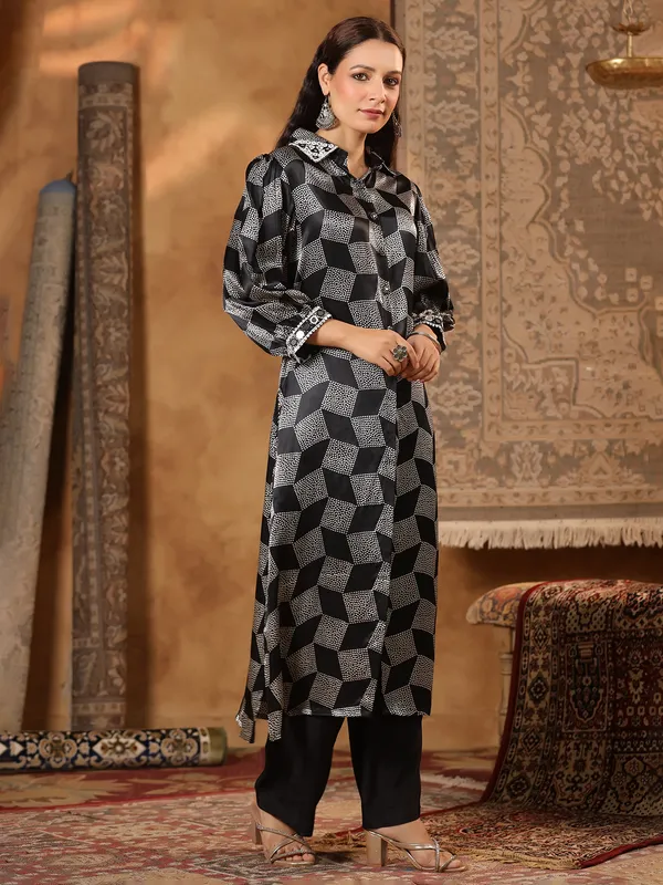 Black satin silk printed kurti set