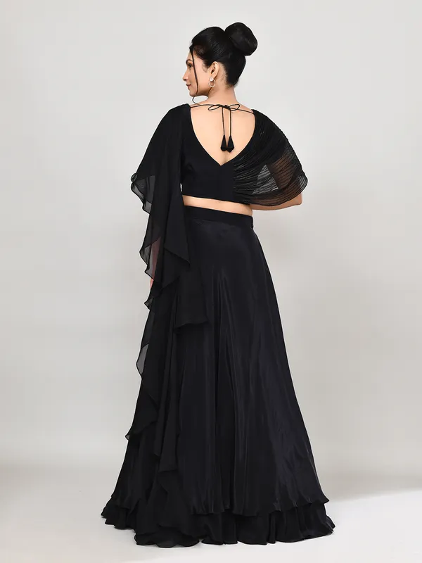 Black satin silk ruffle dupatta lehenga choli