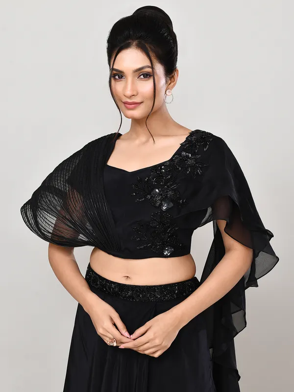 Black satin silk ruffle dupatta lehenga choli