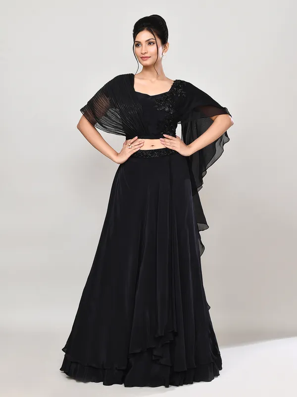 Black satin silk ruffle dupatta lehenga choli