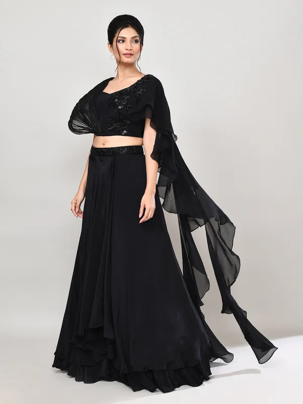 Black satin silk ruffle dupatta lehenga choli