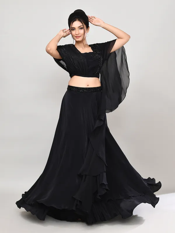 Black satin silk ruffle dupatta lehenga choli