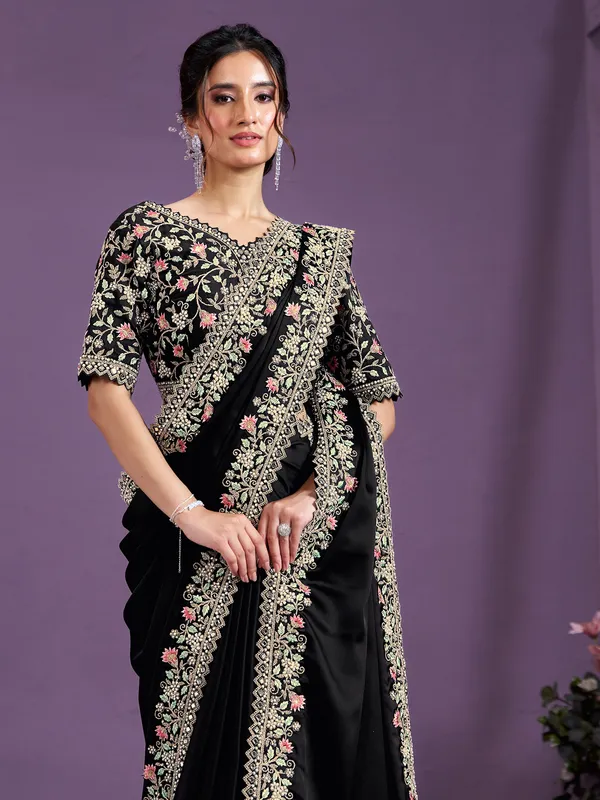 Black satin silk saree for wedding