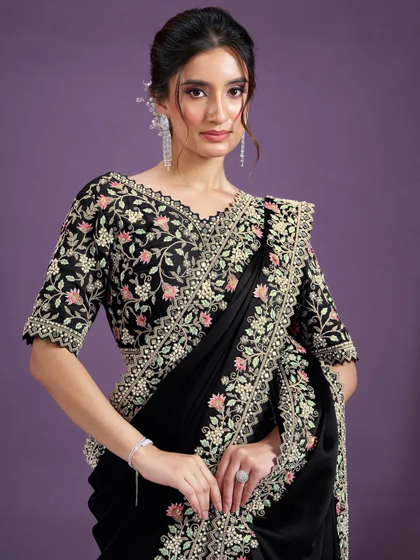 Black satin silk saree for wedding