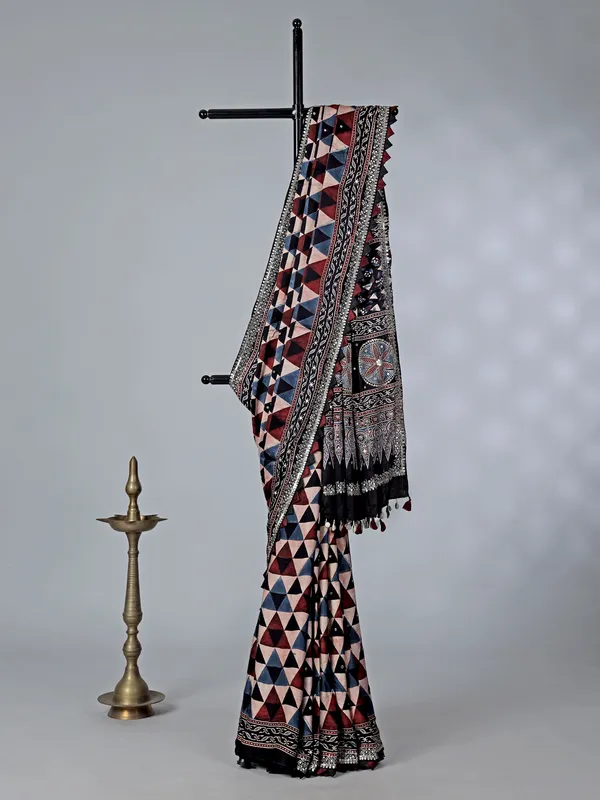 Black satin silk saree with mirror work