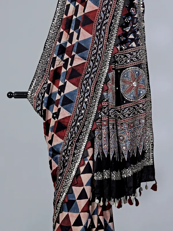 Black satin silk saree with mirror work
