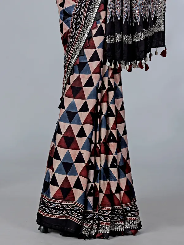 Black satin silk saree with mirror work