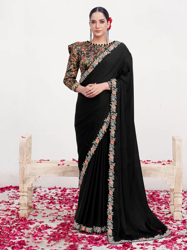 Black satin silk saree with resham stone detailing