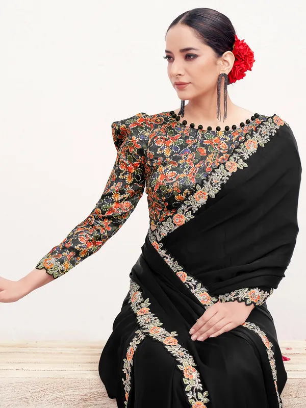 Black satin silk saree with resham stone detailing