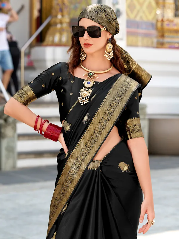Black satin silk saree with rich zari weaving