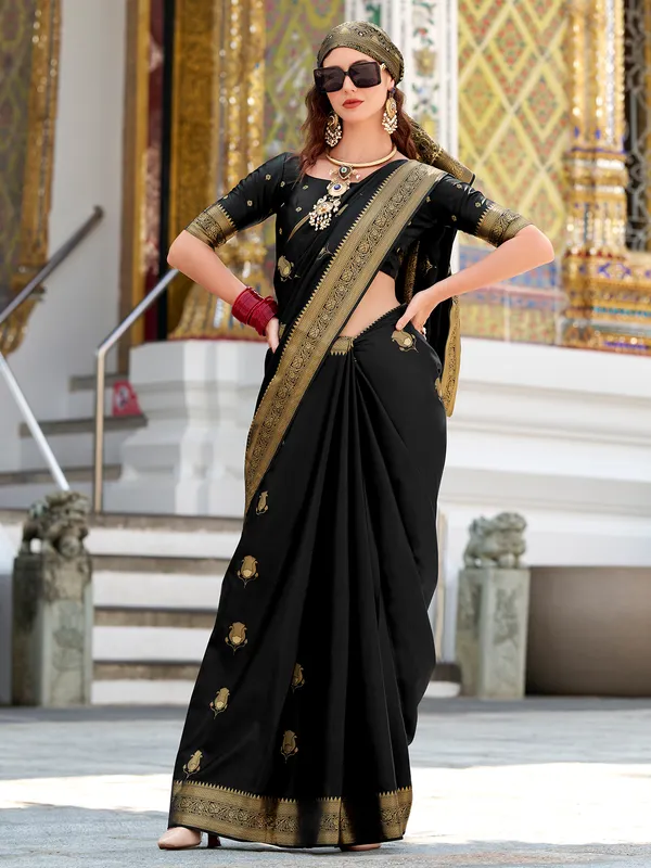 Black satin silk saree with rich zari weaving