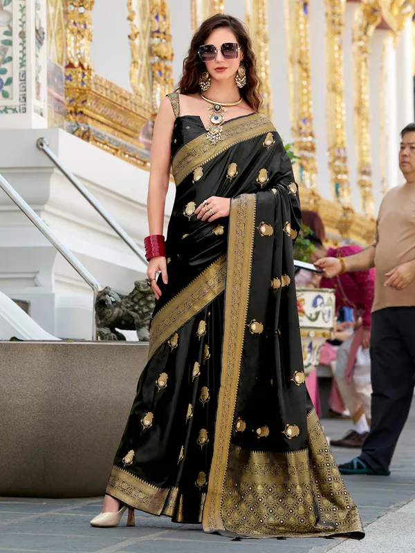 Black satin silk saree with rich zari weaving
