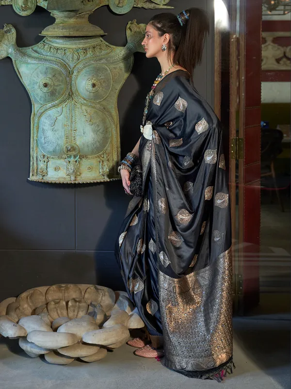 Black satin silk zari weaving saree