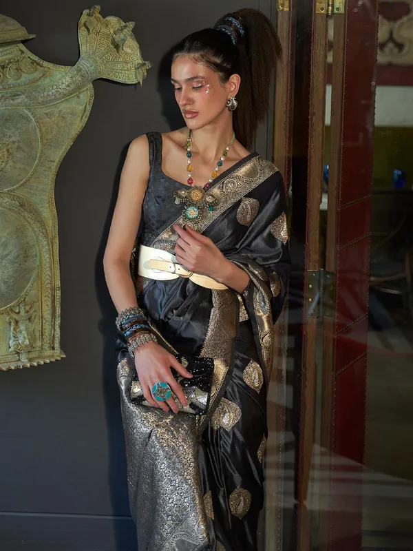 Black satin silk zari weaving saree