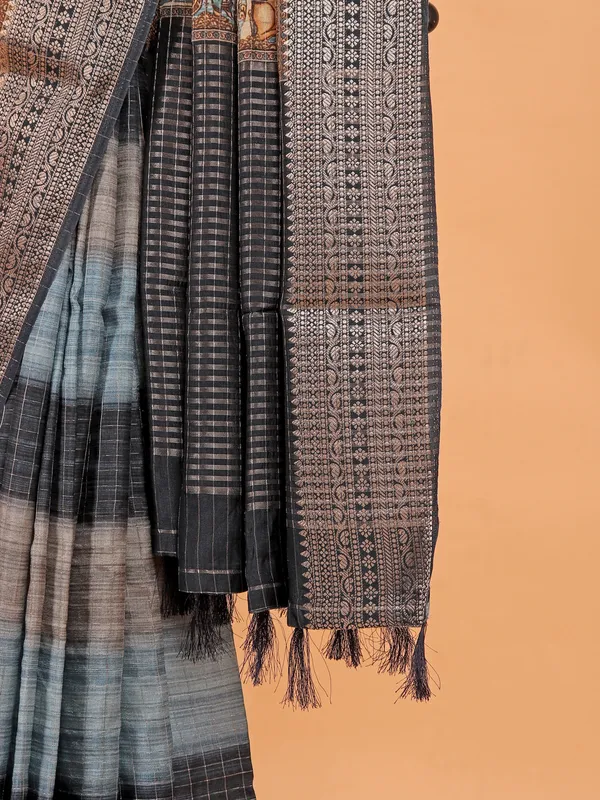 Black semi dola silk printed saree