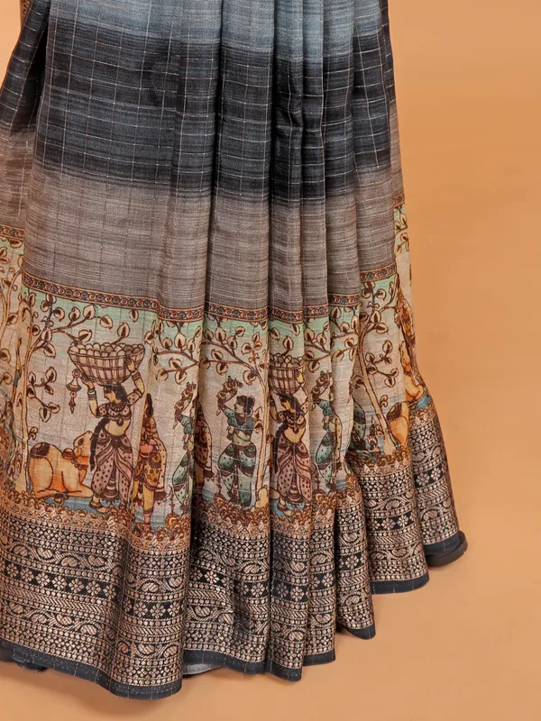 Black semi dola silk printed saree