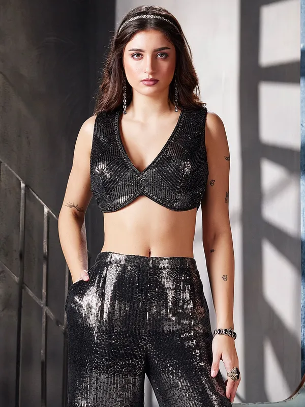 Black sequins party wear palazzo suit