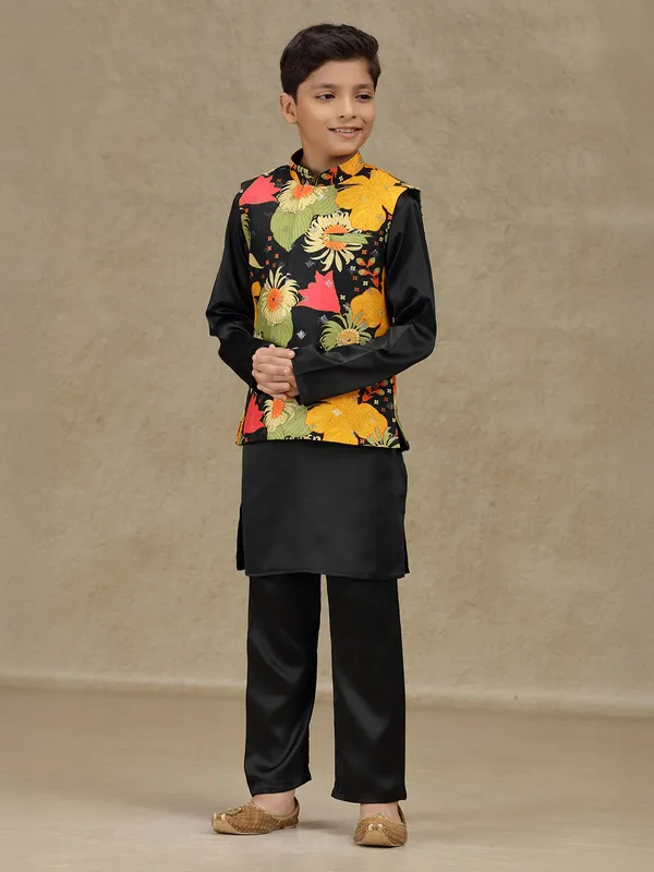 Black sequins worked printed silk waistcoat set
