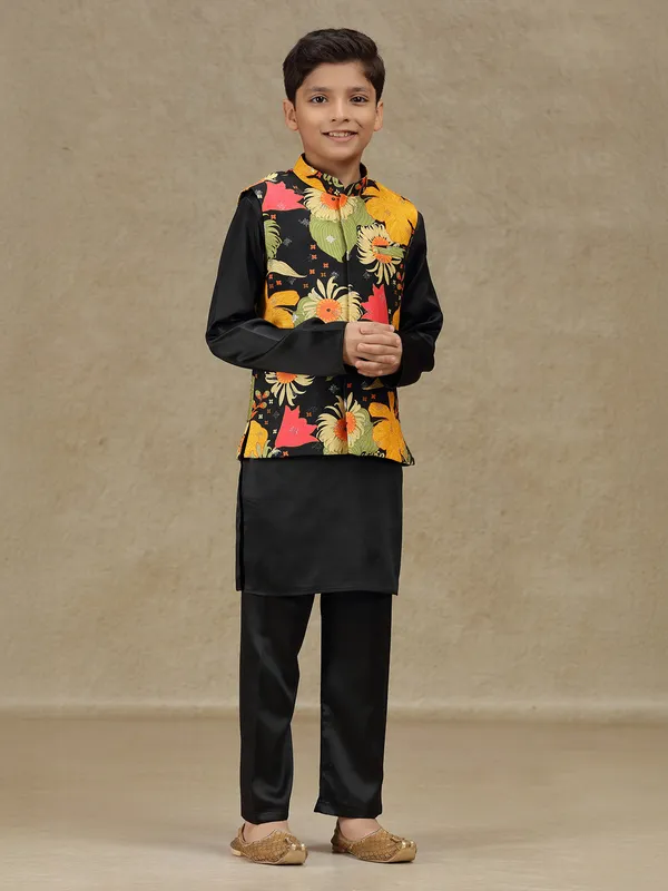 Black sequins worked printed silk waistcoat set