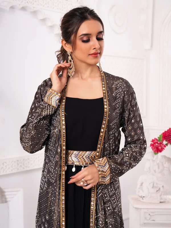 Black silk anarkali jacket style set with cowrie shells
