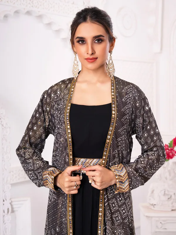 Black silk anarkali jacket style set with cowrie shells