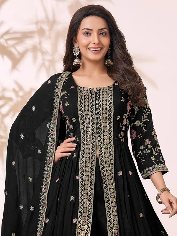 Black silk anarkali palazzo suit with dupatta