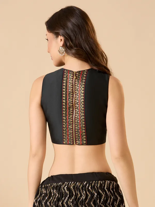 Black silk boat neck ready made blouse with back opening