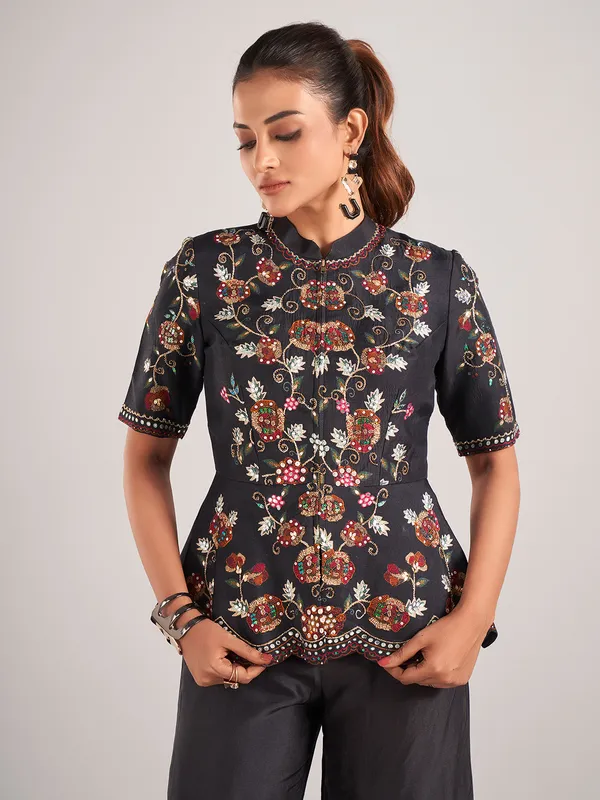 Black silk designer palazzo suit for wedding