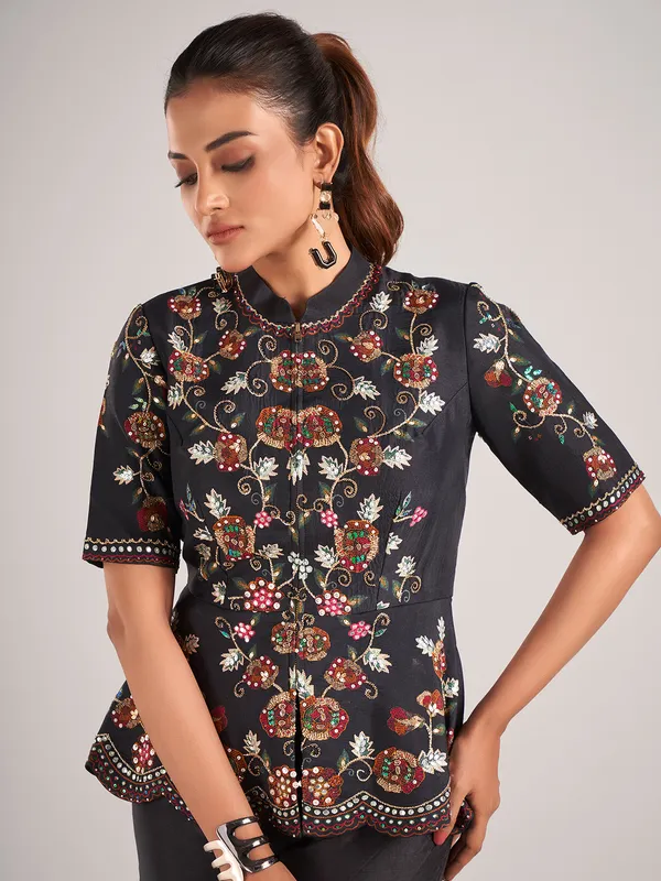 Black silk designer palazzo suit for wedding