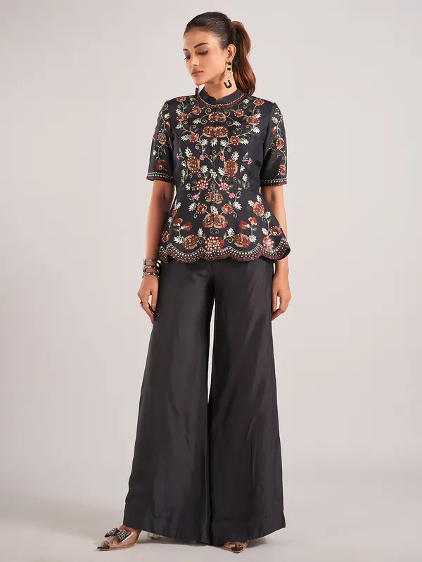 Black silk designer palazzo suit for wedding