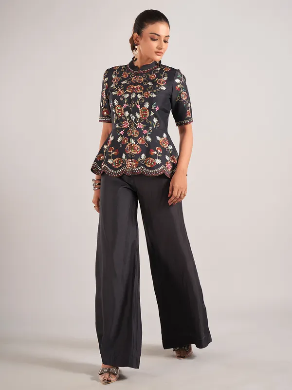 Black silk designer palazzo suit for wedding