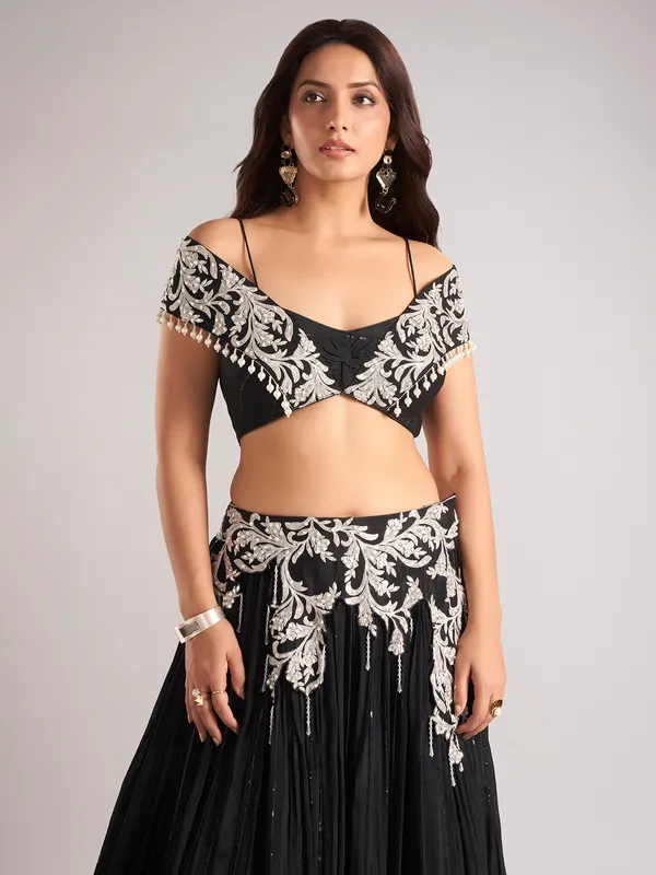 Black silk designer wedding wear lehenga choli