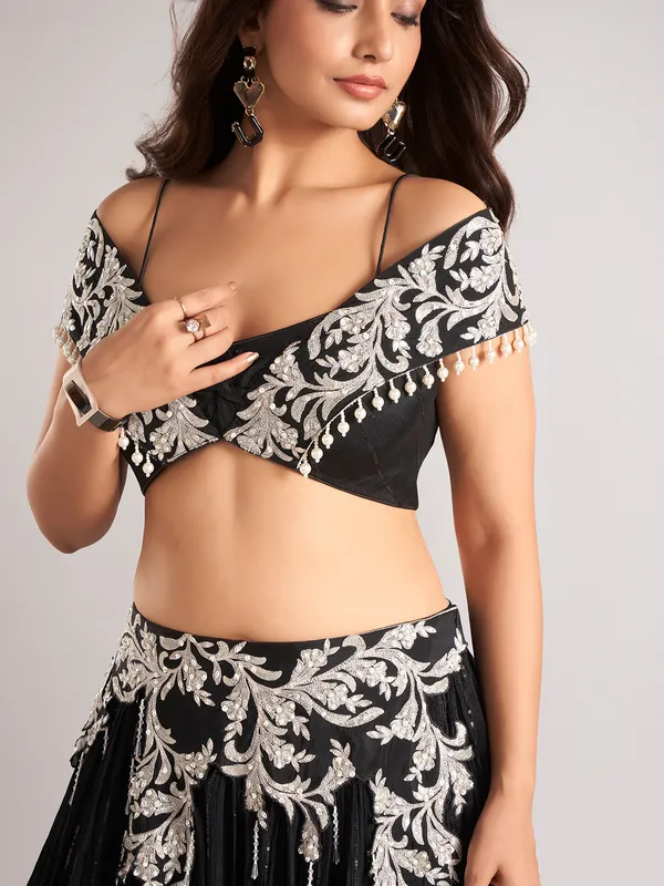 Black silk designer wedding wear lehenga choli
