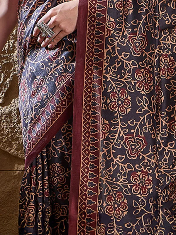 Maroon and black silk digital printed saree for women
