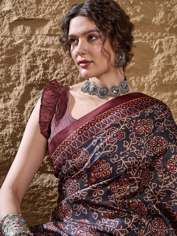 Maroon and black silk digital printed saree for women