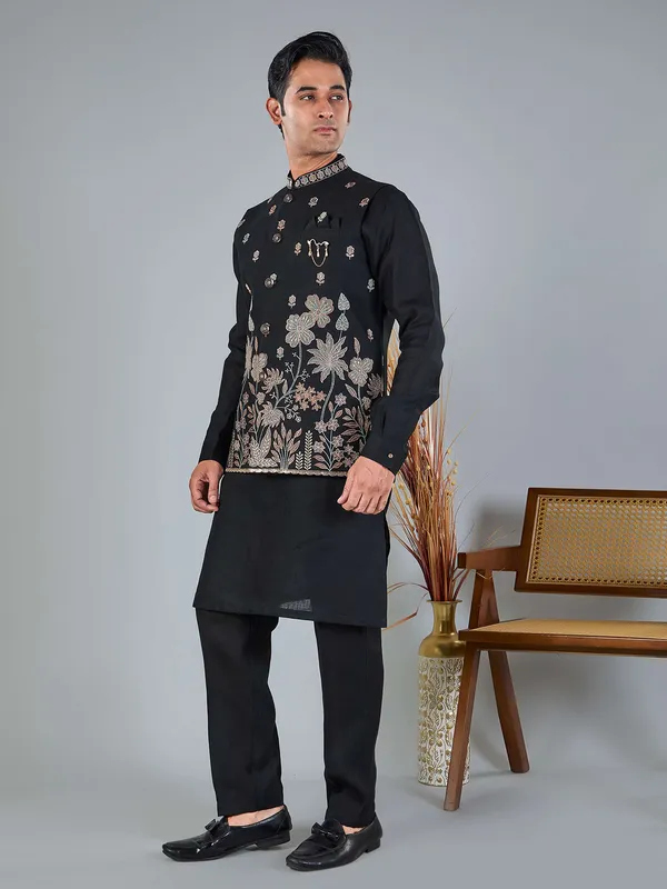 Black linen embroidered festive waistcoat set