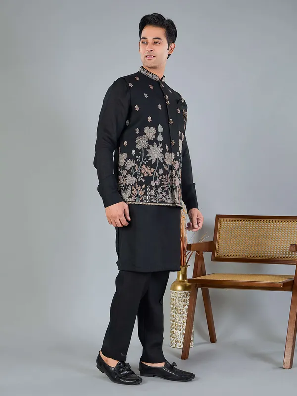 Black linen embroidered festive waistcoat set
