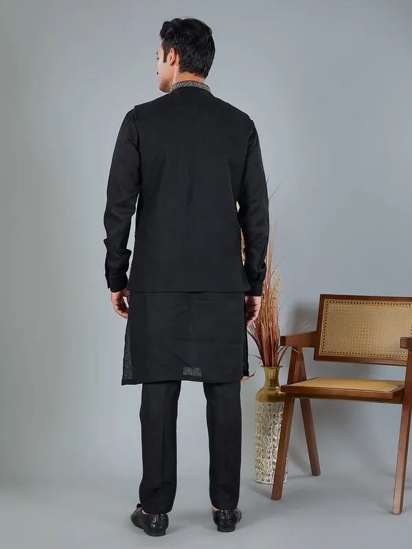 Black linen embroidered festive waistcoat set