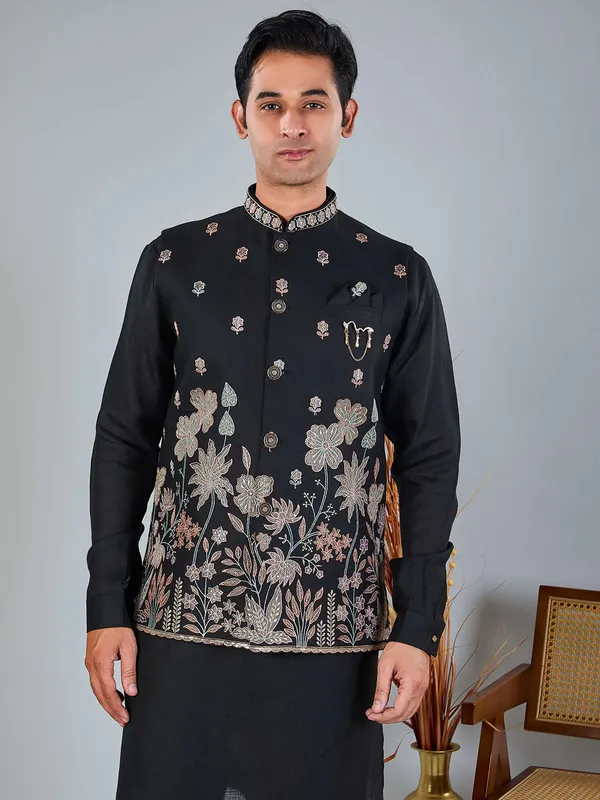 Black linen embroidered festive waistcoat set