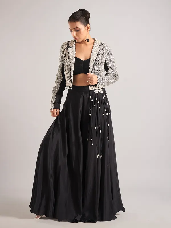Black silk embroidered jacket style palazzo suit