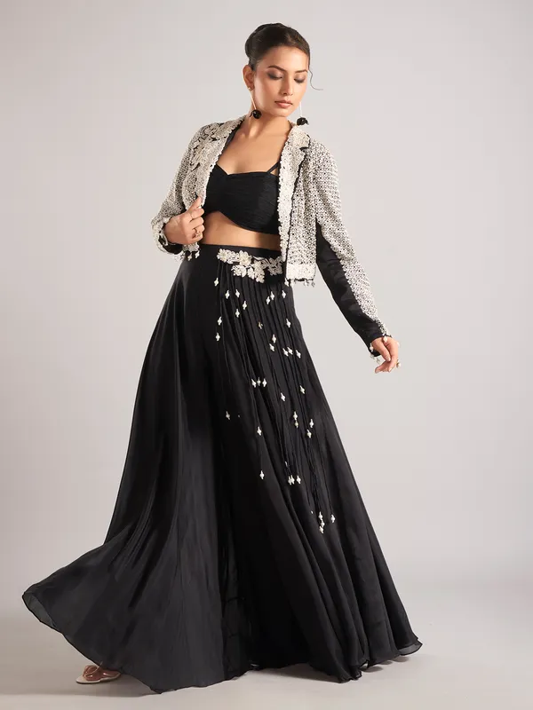 Black silk embroidered jacket style palazzo suit