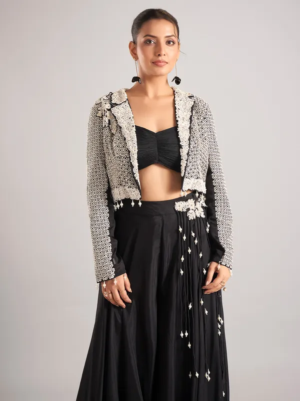Black silk embroidered jacket style palazzo suit