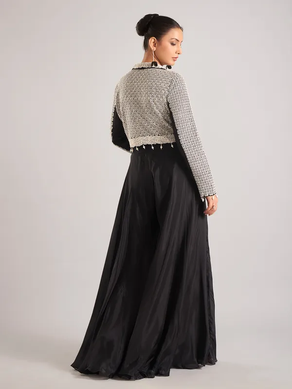 Black silk embroidered jacket style palazzo suit