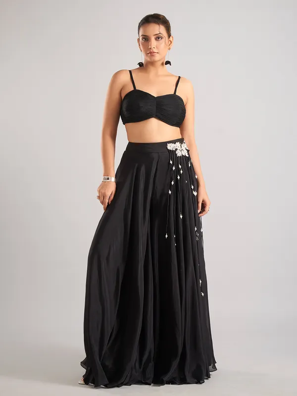Black silk embroidered jacket style palazzo suit