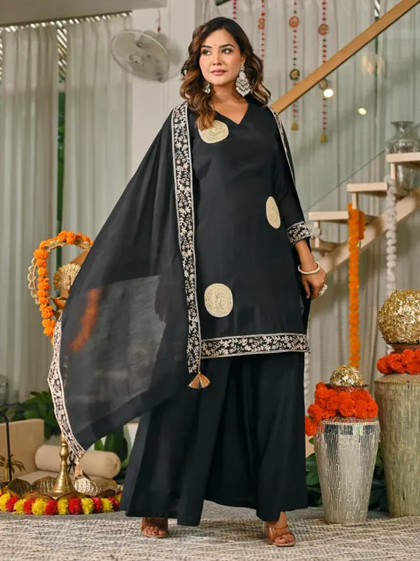 Black silk embroidered palazzo set