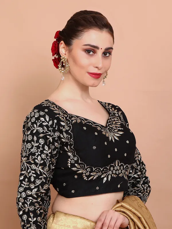 Black silk embroidered sweetheart neck ready made blouse