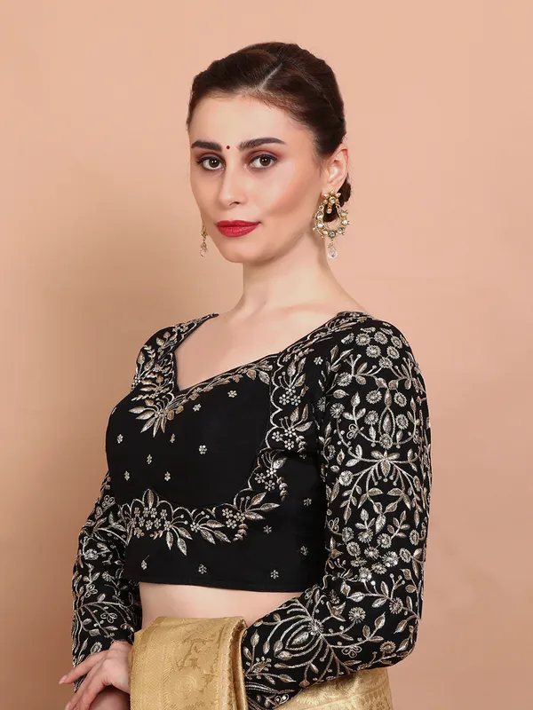 Black silk embroidered sweetheart neck ready made blouse