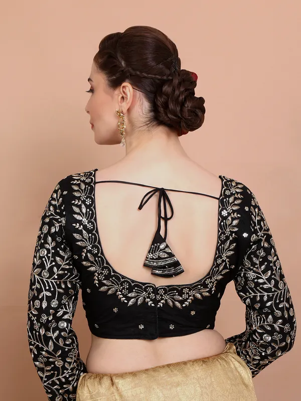 Black silk embroidered sweetheart neck ready made blouse