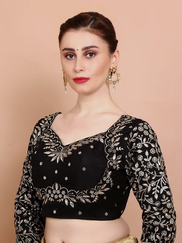 Black silk embroidered sweetheart neck ready made blouse