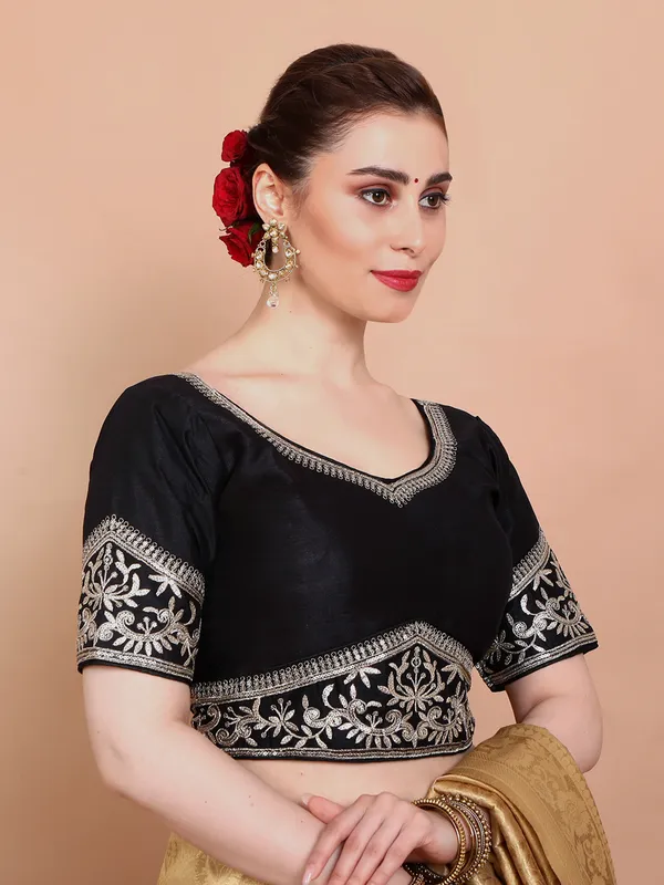Black silk embroidered sweetheart neck ready made blouse for women
